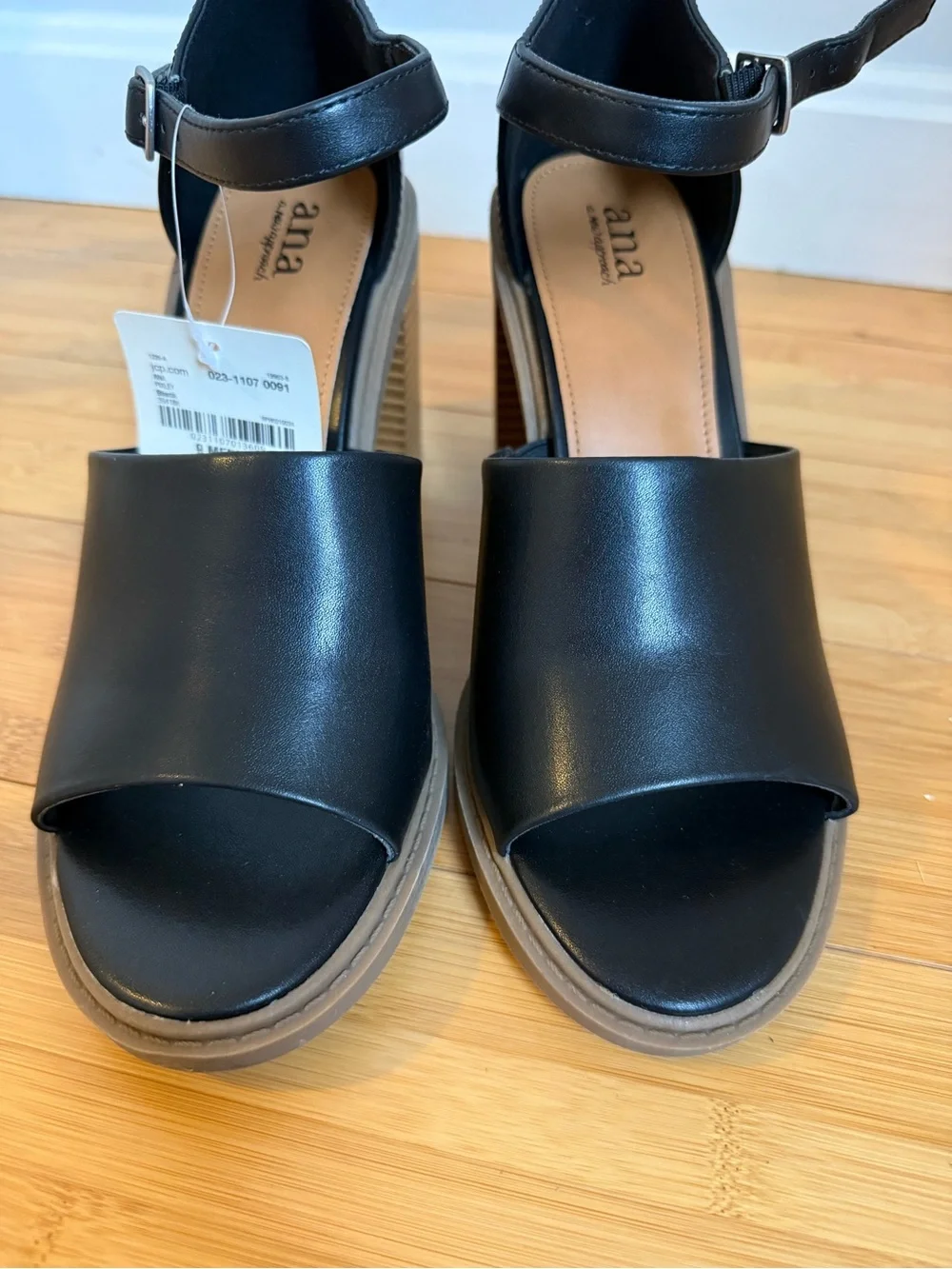 a.n.a Black Open-Toe Block Heel Sandals with Tan Stacked Heel